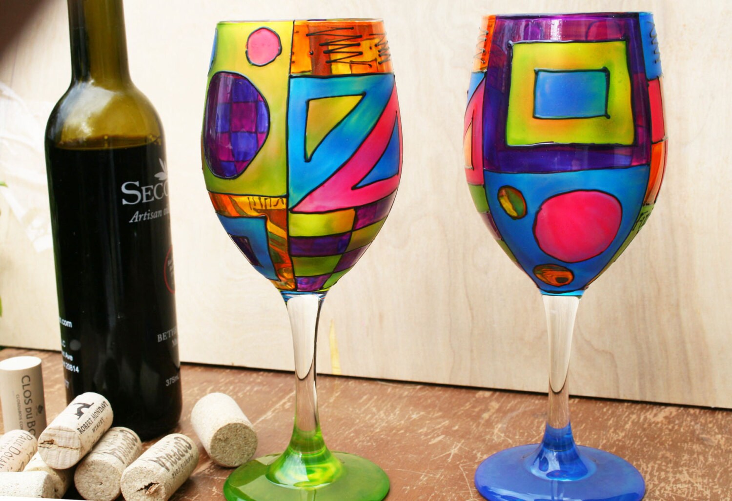 Colorful Wine Glasses/Hand Painted Fused Glass/Gift for Wine Etsy