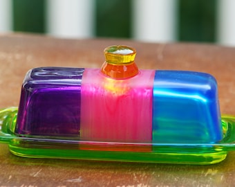 Colorful Glass Butter Dish for your Kitchen/Home Decor/Tabletop/Serving Dish/Fused Glass by Funktini/Home and Living/ Holiday Gifts