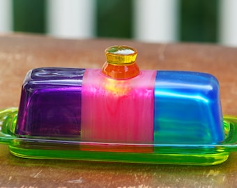 Colorful Glass Butter Dish for your Kitchen/Home Decor/Colorful Butter Dish/Serving Dish/Glass by Funktini/Home and Living/Holiday Gift