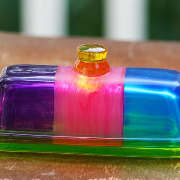 Colorful Glass Butter Dish for your Kitchen/Home Decor/Tabletop/Serving Dish/Fused Glass by Funktini/Home and Living/ Holiday Gifts