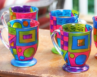 Colorful Coffee/Tea Mugs/Hand Painted Glass/Gift for Coffee Lovers/Home Decor/Kitchen/Funktini Glassware/Unique Home Gifts/Holiday Gift