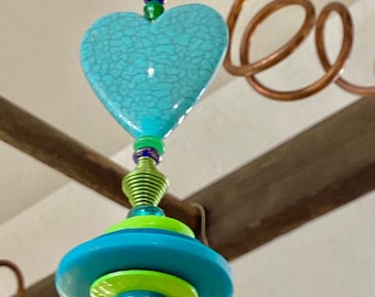 Light Pull & Ceiling Fan Pull/ I Heart Green and Blue/ Polymer Clay and Glass Beads/ Home Decor/Funktini/