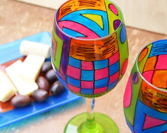 Colorful Wine Glasses/Hand Painted Stemware/Gift for Wine Lovers/Home Decor/Kitchen/Funktini Glassware/Stemware/Unique Barware Gifts/Holiday