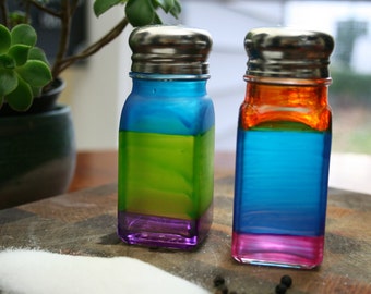 Colorful Hand Painted Glass Salt & Pepper Shakers/Kitchen Accessories/Tabletop/Dinnerware/Cooking/Funktini/Colorful Kitchen/Unique Home Gift