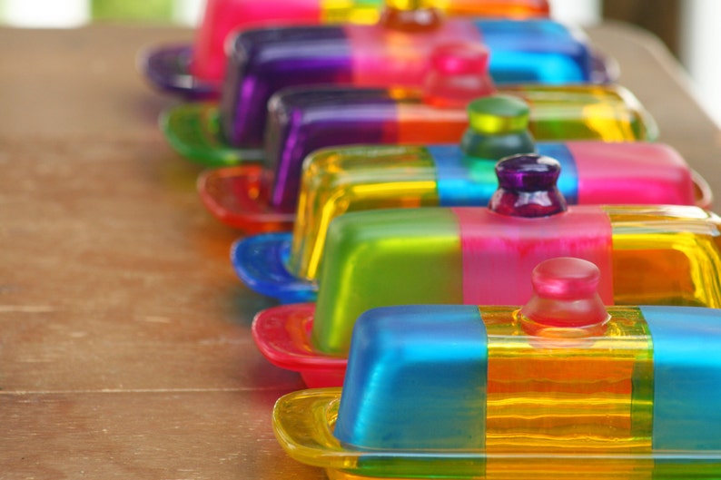 Colorful Glass Butter Dish for your Kitchen/Home Decor/Tabletop/Serving Dish/Fused Glass by Funktini/Home and Living/Holiday Gifts image 3