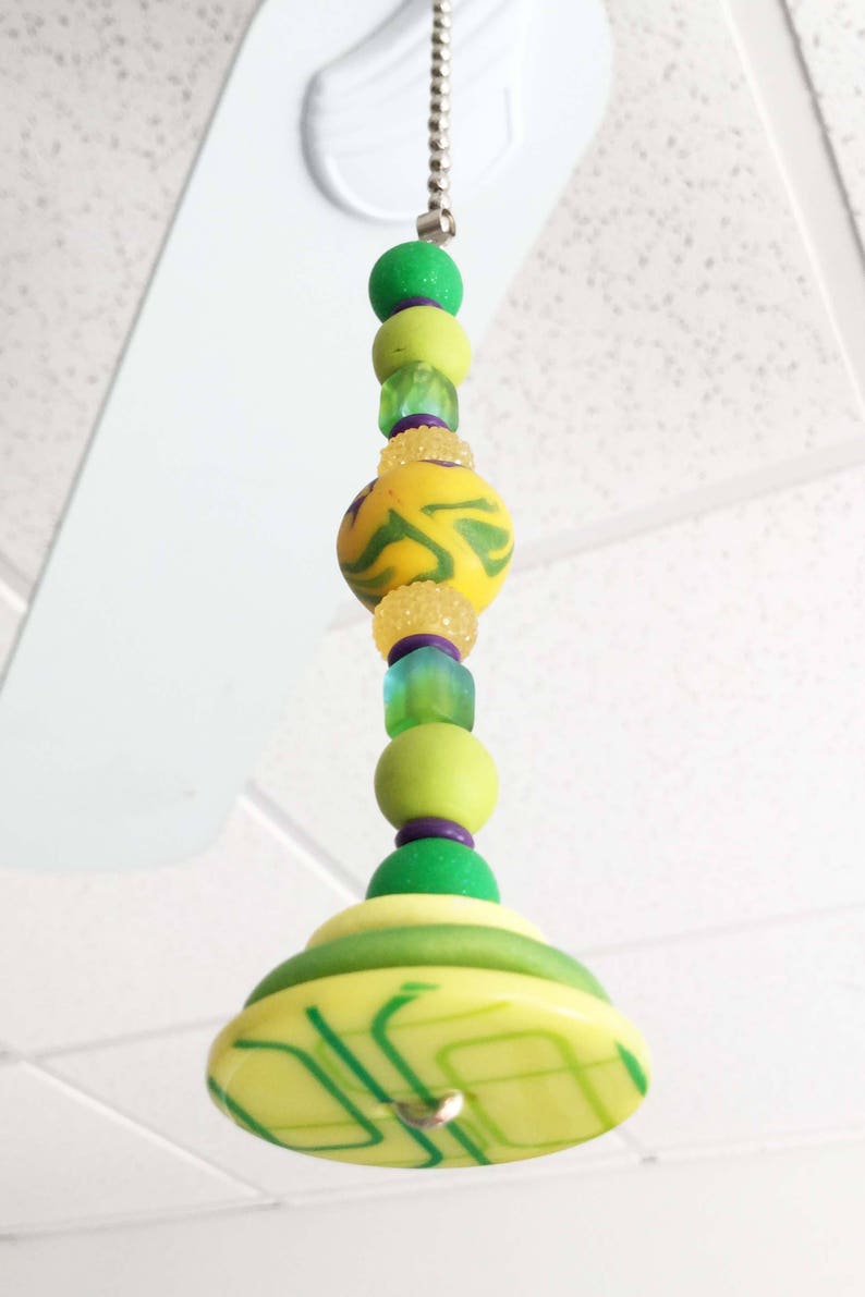 Enter Coupon Code Pulls25 For 25 Off Discount Ceiling Fan Pull Light Pull Bright Green And Yellow Polymer Clay And Glass Beads Home Dec