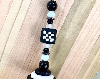 Light Pull & Ceiling Fan Pull/ Checkered Black and White/ Polymer Clay and Glass Beads/ Home Decor/ Funktini/ Lighting Accessories