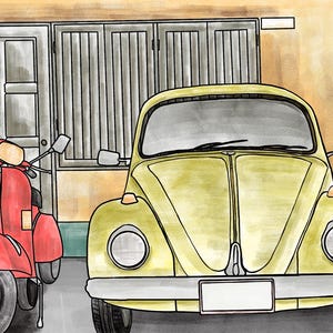 Volkswagen Beetle Drawing /Classic VW Bug Art Print/Vintage Car Illustration/Retro Auto Wall Decor, Gift for VW Lovers