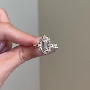 2.0 CT Emerald Cut Halo Engagement Ring, 14K Yellow Gold Emerald Cluster Wedding Ring, CVD Diamond Ring, IGI Certified Anniversary Ring