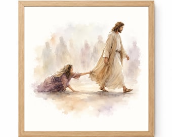 Acuarela de una mujer tocando el manto de Jesús, mujeres cristianas, regalo para hija, regalo cristiano para mujeres, regalo cristiano para ella, regalo de fe