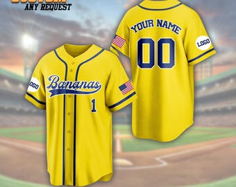 Custom Yellow Baseball Jersey, Personalized Team Name Number Logo, Funny Bananas Baseball Shirt, Youth & Adult Jersey for Baseball Fans.