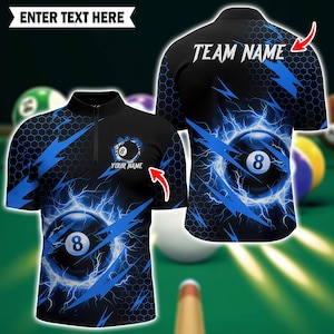 Custom 3D Billiard Shirt – Thunder and Lightning 8-Ball Design with Personalized Name and Team Name (Polo & Quarter-Zip Styles).