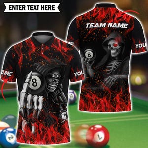 Billiards 3D Polo Shirt, Billiard Fire Skull Personalized Name 3D Shirt , 3D Pool Shirt with Player & Team Name, Cue Sports Uniform Gift.