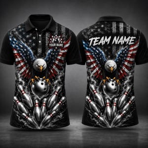 May include: A black polo shirt featuring a graphic of a bald eagle clutching a bowling ball with bowling pins below. The design includes American flag patterns, smoke effects, and text areas labelled YOUR NAME and TEAM NAME on the front and back.