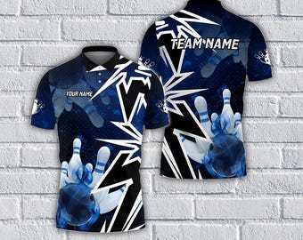 May include: A short-sleeved bowling shirt with a blue and white design. The shirt features a bowling ball and pins graphic, with the text "YOUR NAME" on the front and "TEAM NAME" on the back. The shirt has a black collar and button-up front.