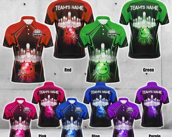 May include: A collection of bowling polo shirts in red, green, pink, blue, and purple. Each shirt features a bowling pin and ball graphic, with the text "TEAM'S NAME" on the back and "YOUR NAME" on the front.