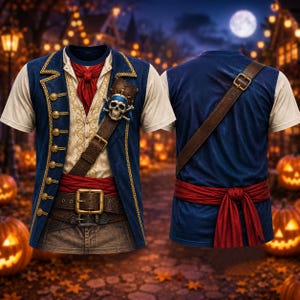 May include: A short-sleeved t-shirt featuring a printed pirate costume design. The front displays a blue waistcoat with gold buttons, a cream-coloured vest, a red neckerchief, and a brown belt with a skull emblem. The back shows a blue fabric.