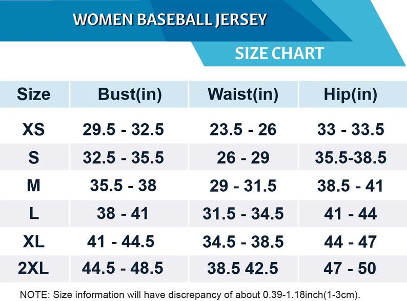 May include: Size chart for women's baseball jerseys, with bust, waist, and hip measurements in inches. Sizes range from XS to 2XL. The chart includes measurements for bust (29.5-48.5 in), waist (23.5-42.5 in), and hips (33-50 in).
