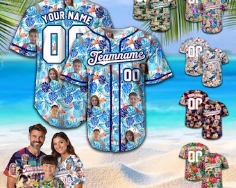 Custom Hawaiian Baseball Jersey with Face Teamname Name Number, Personalized Hawaii Floral Shirt for Men Women Youth Preschool Button Shirt