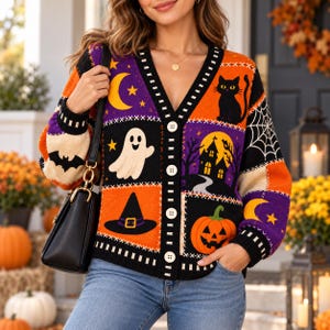 Vintage Ugly Halloween Cardigan Sweater, Black Cat Ghost Pumpkin Knitwear, Patchwork Spooky Button Up Knit Jacket, Autumn Fall Outerwear