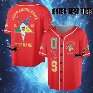 May include: Red baseball jersey with white trim and black buttons. The jersey features the text "OES" vertically on the front and a star emblem with text on the back. The text "ENTER TEXT HERE" is also visible.
