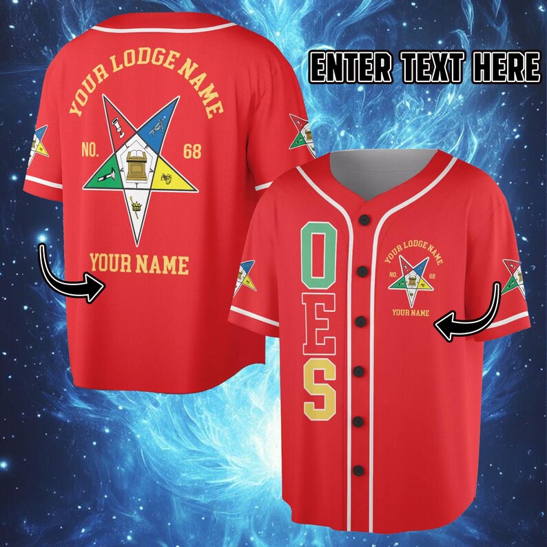 May include: Red baseball jersey with white trim and black buttons. The jersey features the text "OES" vertically on the front and a star emblem with text on the back. The text "ENTER TEXT HERE" is also visible.