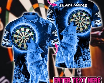 Fire Moonlight Wolf 3D Darts Jersey With Custom Name & Team, Bold Graphic Sportswear For Gift Or Match Day, Shirt For Men Or Dart Teams.