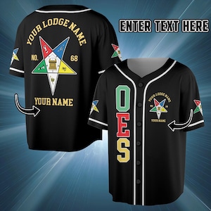 May include: Black baseball jersey with white trim, featuring a star emblem and the text "YOUR LODGE NAME" and "YOUR NAME". The front displays "OES" vertically. The jersey has short sleeves.
