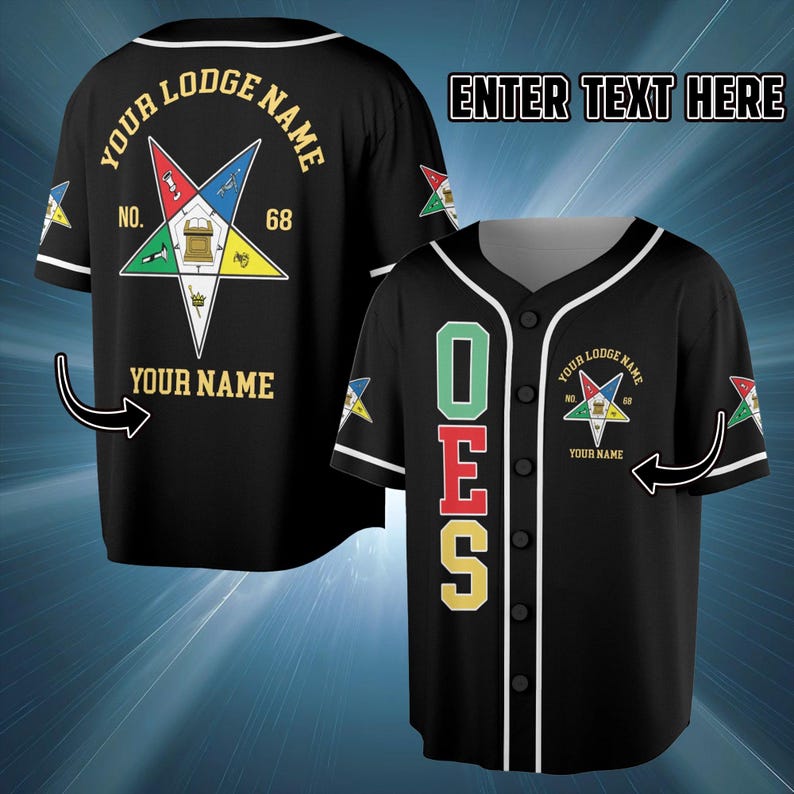 May include: Black baseball jersey with white trim, featuring a star emblem and the text "YOUR LODGE NAME" and "YOUR NAME". The front displays "OES" vertically. The jersey has short sleeves.