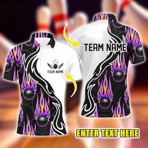 May include: White and black bowling polo shirt with a flame design in purple and yellow. The shirt has a bowling ball graphic with the text "YOUR NAME" on the front and "TEAM NAME" on the back. The bottom of the shirt says "ENTER TEXT HERE".