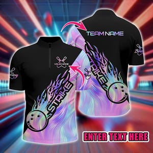 May include: Black bowling shirt with a half-zip collar and short sleeves. The shirt features a bowling ball and flame graphic with the word "STRIKE". The back of the shirt has the words "TEAM NAME". The shirt has the text "ENTER TEXT HERE".