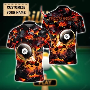 Custom 8 Ball Billiards Polo Shirt, Personalized Pool Team Jersey, Fire Lava Pool Shirt, Custom Name and Team Shirt, Billiard Lover Gift.