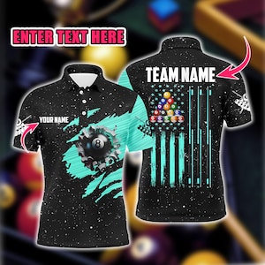 Custom 8 Ball Pool Polo Shirt for Men, Grunge USA Flag Billiards Jersey, Patriotic Cue Sports Uniform, Personalized Pool Player Gift.