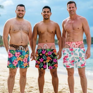 May include: Three pairs of swim trunks featuring a dual-pattern design. The first pair has a leopard print waistband and a blue floral print. The second has a red gingham waistband and a black floral print. The third has a watermelon print waistband and a flamingo print.