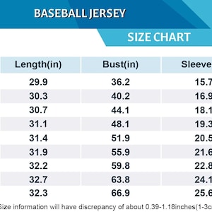 May include: A size chart for a baseball jersey, with measurements in inches. The chart includes sizes S through 6XL, with corresponding lengths, bust sizes, and sleeve lengths. The text "BASEBALL JERSEY" is at the top.