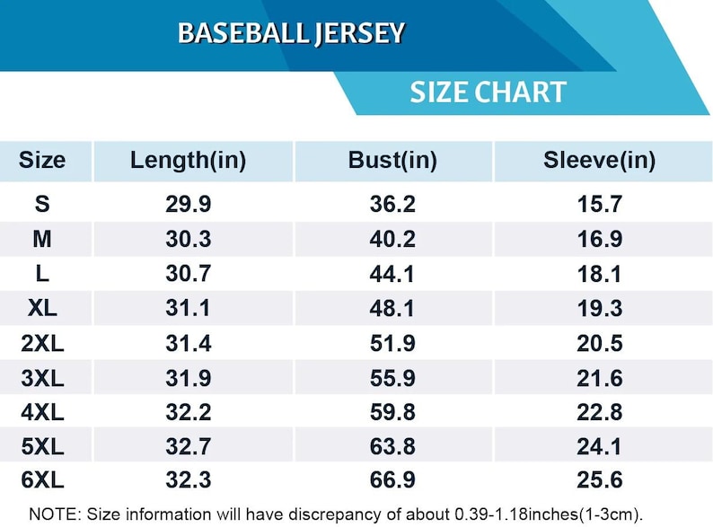 May include: A size chart for a baseball jersey, with measurements in inches. The chart includes sizes S through 6XL, with corresponding lengths, bust sizes, and sleeve lengths. The text "BASEBALL JERSEY" is at the top.