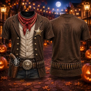 Könnte beinhalten: Ein kurzärmeliges T-Shirt mit einem Grafikdruck, der eine braune Jacke im Western-Stil, ein weißes Hemd, ein rotes Halstuch, einen goldenen Sheriffstern, einen braunen Ledergürtel mit Sternschnalle sowie einen Revolver im Holster zeigt.