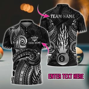 Personalisiertes 3D Pool und Billard Polo Shirt – Maori Tattoo mit Landkarte | Benutzerdefinierte Name und Team | Mehrfarbige Optionen, Geschenk für Papa.