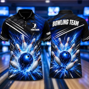 May include: A black and blue polo shirt featuring a graphic of a bowling ball striking pins with lightning effects. The front displays a silhouette of a bowler and the text YOUR NAME. The back features the text BOWLING TEAM in white letters.