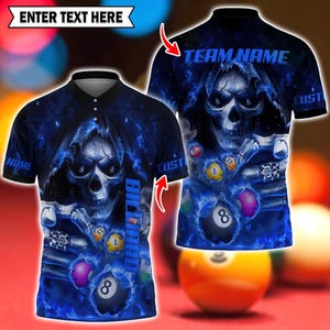 Billiards 3D Polo Shirt, Custom Skull Flame Billiards Shirt, 3D Pool Shirt with Player & Team Name, Multicolor Cue Sports Uniform Gift.
