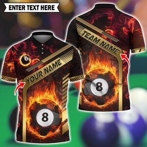 8 Ball Billiards Polo Shirt, Golden Line Flame Design with Personalized Name & Team, Multicolor Pool Jersey, Gift for Players