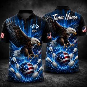 Personalisiertes Adler 3D Bowling-Shirt, Turnier-Poloshirts für Männer und Frauen, benutzerdefiniertes Team-Bowling-Lightning-Jersey