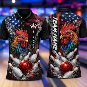 May include: A black polo shirt featuring a colorful rooster head, a red bowling ball, and white bowling pins. The design includes a patriotic American flag pattern with stars and stripes, smoke effects, and the text "YOUR NAME" and "TEAM NAME".