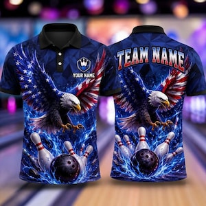 May include: A short-sleeved polo shirt featuring a graphic of a bald eagle with American flag wings, bowling pins, and a bowling ball. The front includes a logo with the text YOUR NAME, while the back displays the text TEAM NAME in bold letters.