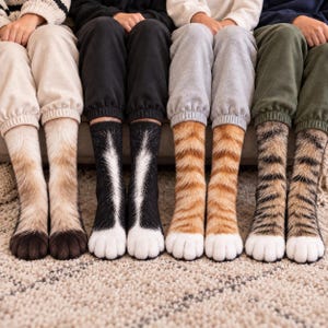 Puede incluir: Cuatro pares de calcetines con patrones realistas de pelaje animal y huellas de patas en las puntas. Los diseños incluyen pelaje marrón claro, pelaje blanco y negro, rayas de gato atigrado naranja y rayas de gato atigrado marrón.