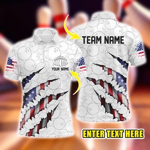 May include: White bowling shirt with a pattern of bowling balls. The shirt features a design of the American flag torn open, with the text "YOUR NAME" and "TEAM NAME". The words "ENTER TEXT HERE" are also visible.