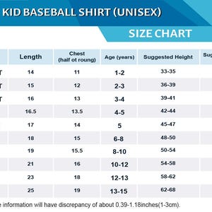 May include: Size chart for a kid's baseball shirt (unisex). The chart includes sizes from Toddler 2T to Youth XL, with measurements for length, chest, age, suggested height, and weight in pounds. The text at the bottom notes a size discrepancy.