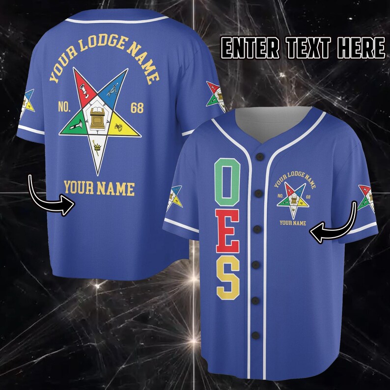 May include: Blue baseball jersey with white trim, featuring a star emblem and the text "YOUR LODGE NAME" and "YOUR NAME". The front displays "OES" vertically. The jersey has buttons and short sleeves.