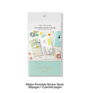 Libro de pegatinas Midori con bolsillo azul, almacenamiento para pegatinas y cintas, 20 páginas de papel desprendible + 2 bolsillos de papel