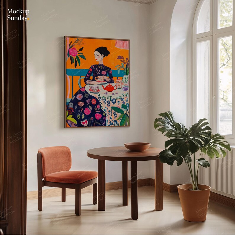 Minimalist Living Room Wooden Frame Mockup on White Wall With Plant DIN